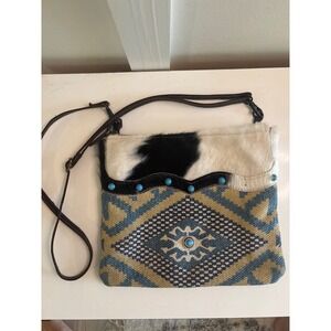 Cowhide Crossbody Bag Woven‎ Southwestern Aztec Turquoise Accent Purse